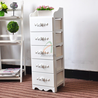 White Color Wood Cabinet Living Room Entry Way Furniture with Rose Pattern Handles 5 Drawers