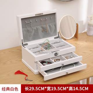 White Color Pine Solid Wood Treasure Jewelry Three Tiers Lock Gift Box Mail Order Package Made in China