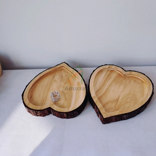 Carved Pine Wood Heart Shaped Bowl Tray Rustic with Tree Bark Around Edges Customized Size