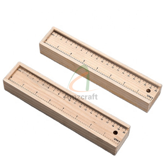 Pine Wood Sliding Ruler Lid Rectangular Pencil Box Stationery Storage Case