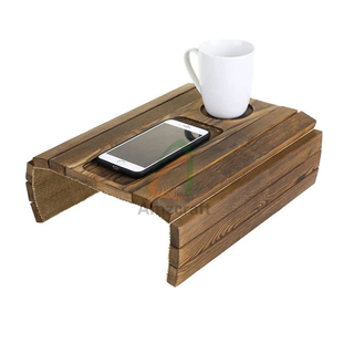 Dark Brown Pine Wood Foldable Sofa Couch Arm Tray Table with Cup Iphone Holder