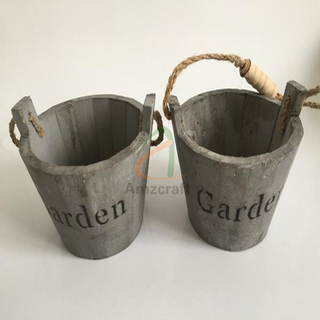 Small Size Wood Planter Garden Barrel Rustic Grey Color with Rough Rope Handle Custom Silk Screen Print Logo