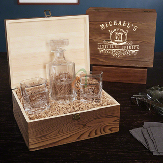 Dark Brown Pine Wood Glass Storage Box with Dividers Customized Laser Engraved Logo