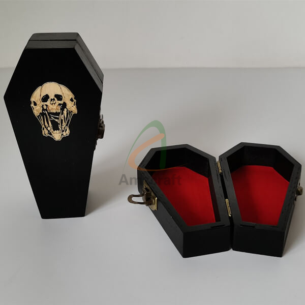 Black Color Mini Wood Coffin Boxes with Hinges Customized Size Laser Engraved Logo