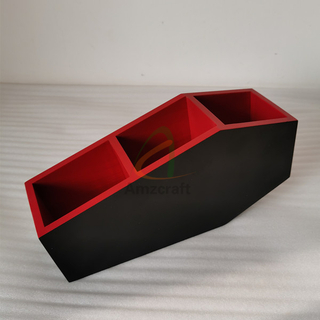 Coffin Makeup Brush Holder Wood Organizer with Dividers Inside Red Outside Black