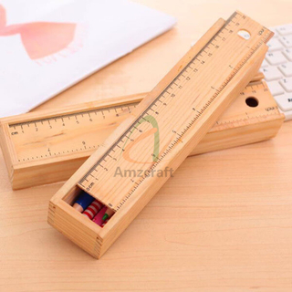 Wood Pencil Case with Sliding Ruler Cover Rectangular School Stationery Desk Organizer Gift Box