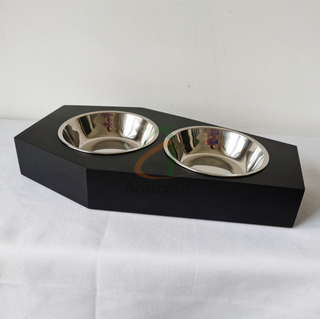 Black Varnish Wood Coffin Shape 304 Stainless Steel Bowl Serving Snack Tray for Small Cat Dog
